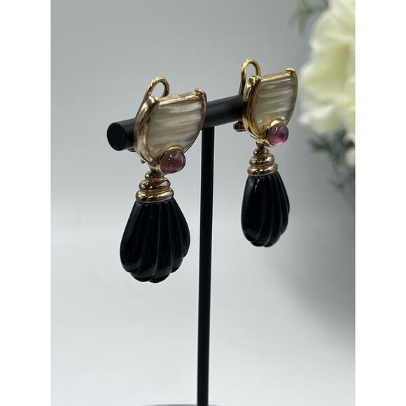 Kylo Vintage Sterling Silver Vermeil Obsidian Garnet Gem Clip On Runway Earrings - Picture 13 of 16